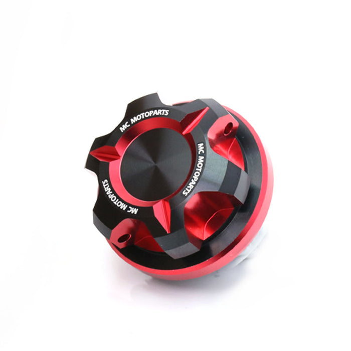MC Motoparts CNC oil filler cap for Suzuki GSXR 600 750 1000 GSR600, made of durable T-Axis CNC material, shown in red.
