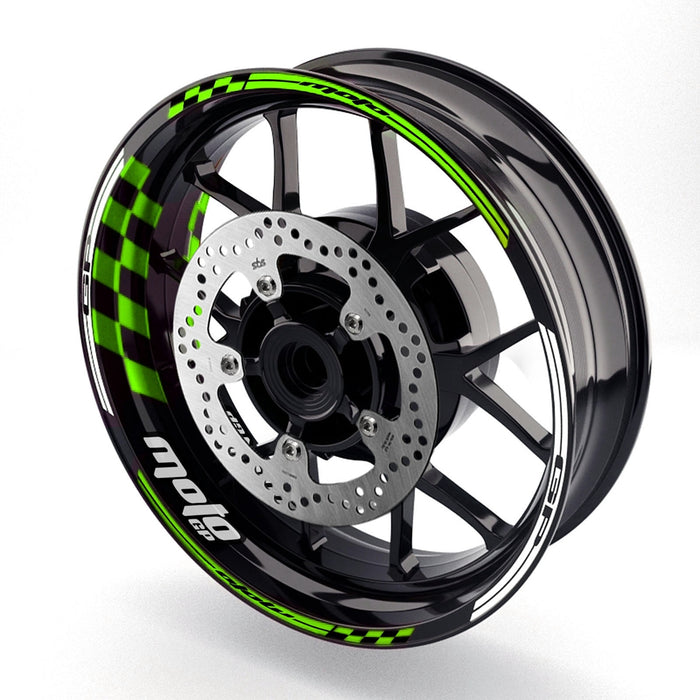Suzuki GSXR600 Moto GP check 17-inch wheel rim sticker by StickerBao with MotoGP logo and checkered design on silver rim