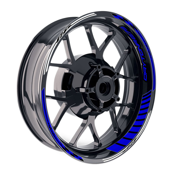 Blue StickerBao wheel rim decal with Daytona 675 R Moto GP stripe design for 17-inch motorcycle wheels.