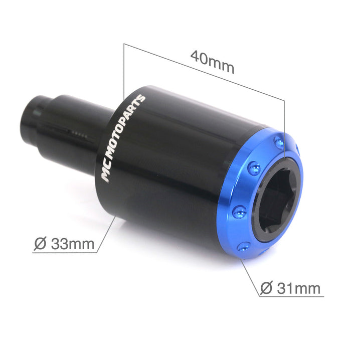 MC Motoparts CNC bar ends for Yamaha FZ1, FZ6, FZ8, MT-09, MT-125 motorcycles, featuring blue aluminum finish.