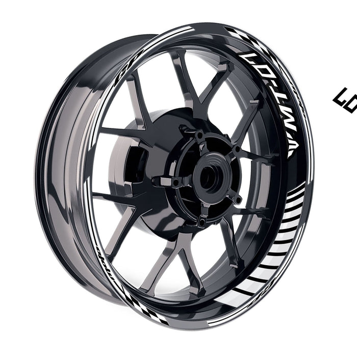 Yamaha MT-07 wheel rim sticker with Moto GP stripe design in white and black on 17-inch wheel rim by StickerBao