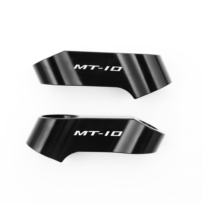 Black Yamaha MT-10 2016-2023 mirror extender riser from MC Motoparts, shown from rear view with engraved logo and mounting details.