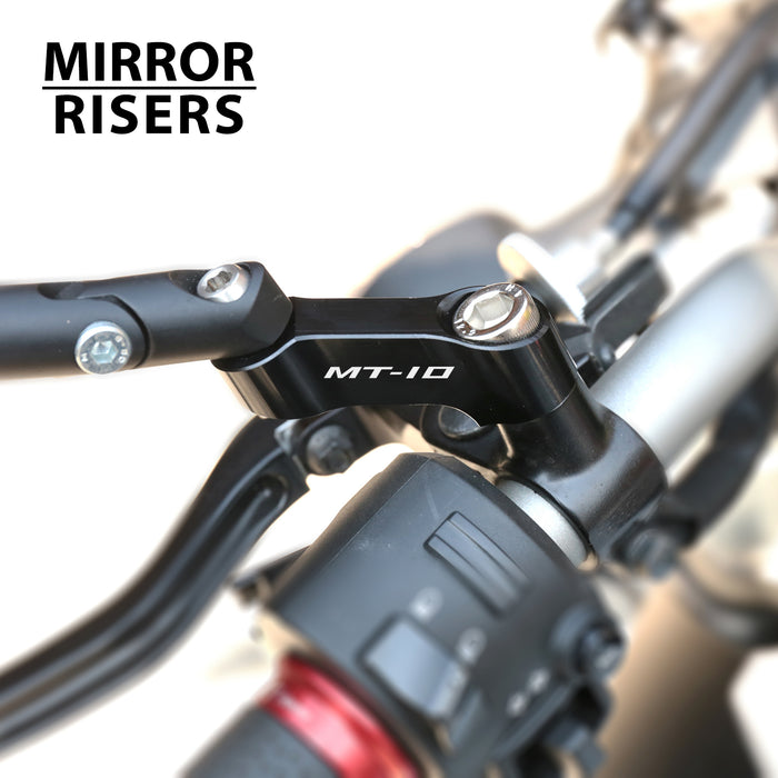 MC Motoparts Yamaha MT-10 2016-2023 mirror extender riser with engraved logo, rear view mirror extension for improved visibility.