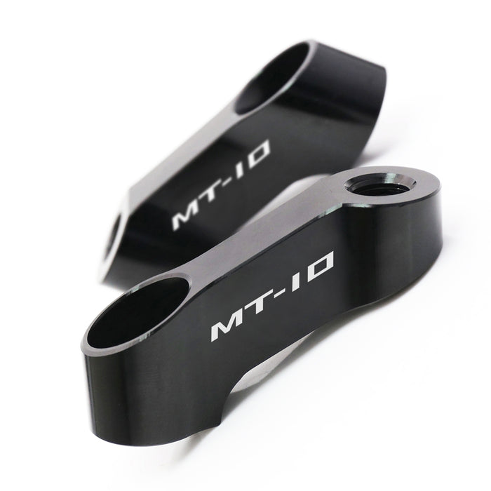 Black Yamaha MT-10 mirror extender riser by MC Motoparts, showing the engraved logo and rear view mirror extension for 2016-2023 models.