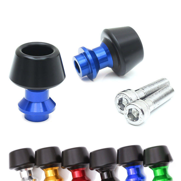 MC Motoparts 6mm swingarm spools for Yamaha R6, R3, R1, MT25, MT10, and FZ1 in blue color.