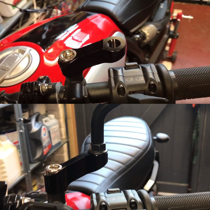 MC Motoparts Yamaha SMAX Stryker XVS1300 motorcycle mirror extender and riser installed, showing enhanced mirror positioning and secure fit.