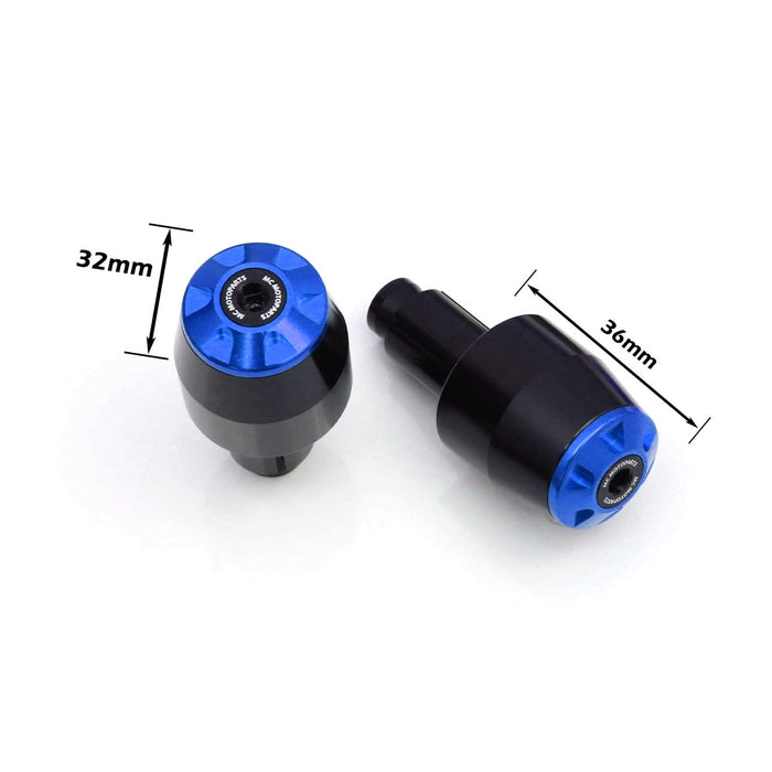 MC Motoparts CNC bar ends for Yamaha YZF R1, R3, R6, R1M, and MT-03 motorcycles, with a sleek black and blue finish.