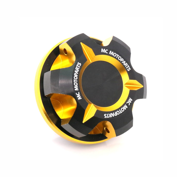 CNC oil filler cap for Yamaha YZF R6 R1 R3 MT-07 MT-10 by MC Motoparts, made of durable metal with a branded design.