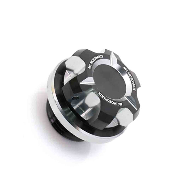 CNC aluminum oil filler cap for Yamaha YZF R6, R1, R3, MT-07, MT-10 motorcycles by MC Motoparts, showcasing a sleek design.