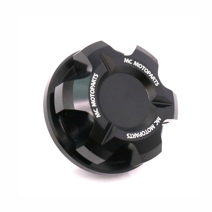 CNC oil filler cap for Yamaha YZF R6, R1, R3, MT-07, MT-10 motorcycles by MC Motoparts, black metal finish.