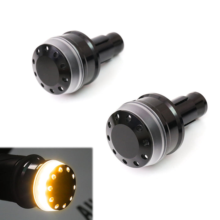 Black LED bar end turn signals for Yamaha YZF R6 R3 R1, made by MC Motoparts, featuring sleek LED light bars for motorcycle handlebars.