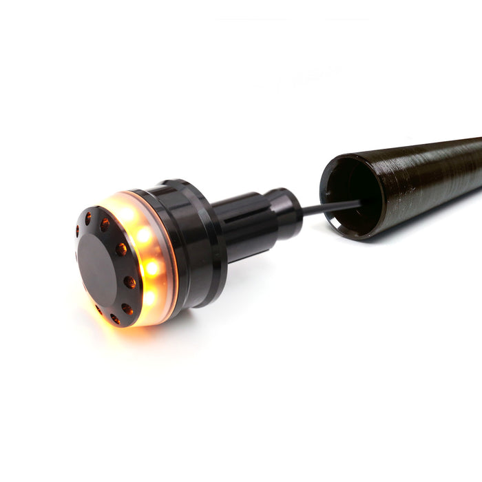 Black LED bar ends for Yamaha YZF R6, R3, R1, designed by MC Motoparts, with illuminated turn signal lights on the motorcycle handlebar.