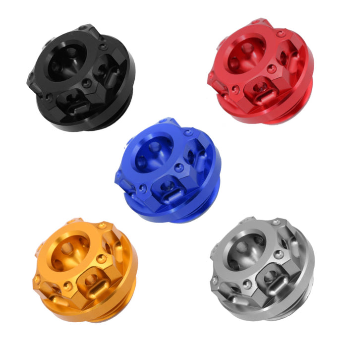 CNC oil filler cap for Yamaha YZF R6, R3, R1, R25, MT-07, MT-10 motorcycle from MC Motoparts, metal finish, securely fits engine.