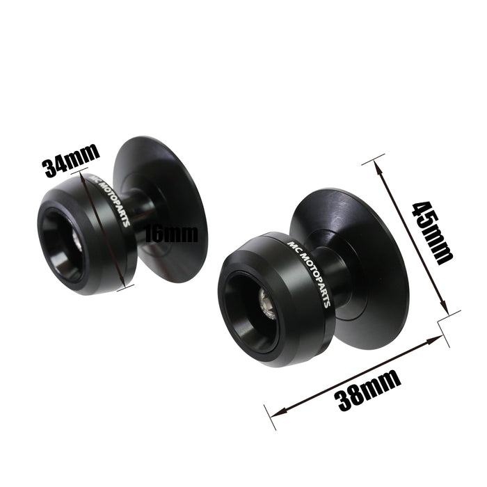 Black MC Motoparts swingarm spools for Aprilia Dorsoduro 750, 900, 1200 models, featuring 6mm mounting holes for motorcycle stability.