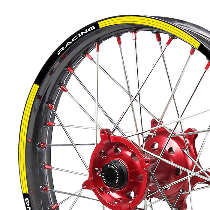 Black and yellow rim stickers with BETA 525 RS logo for 2008-2010 MX dirt bike wheels, by StickerBao.