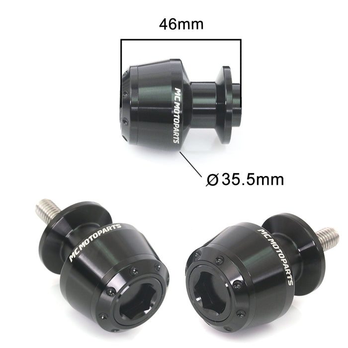 MC Motoparts swingarm spools for Ducati 899, 959 Panigale, Monster 821, 6mm paddock stand compatible, black metal design