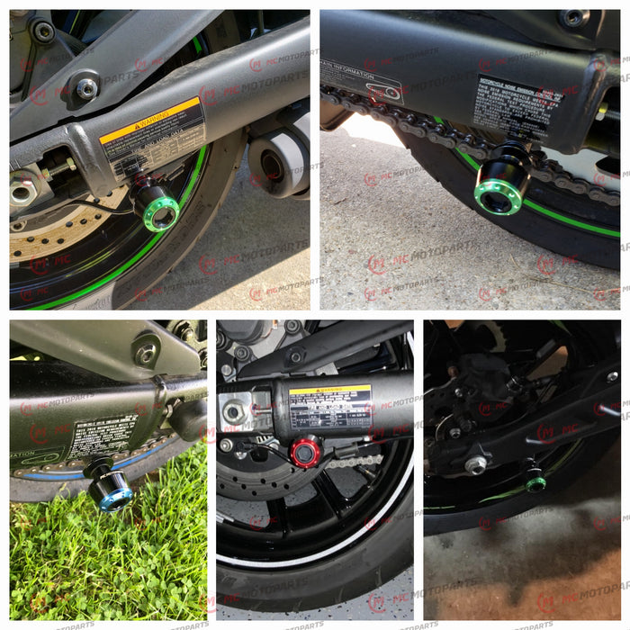 MC Motoparts swingarm spools for Ducati 899, 959 Panigale, Monster 821, 6mm paddock stand compatibility, installed on motorcycle.