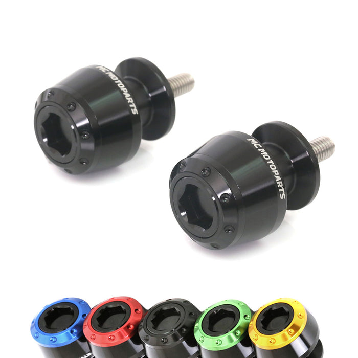 Black MC Motoparts swingarm spools for Ducati 899 959 Panigale Monster 821, made of 6mm aluminum for motorcycle paddock stands.