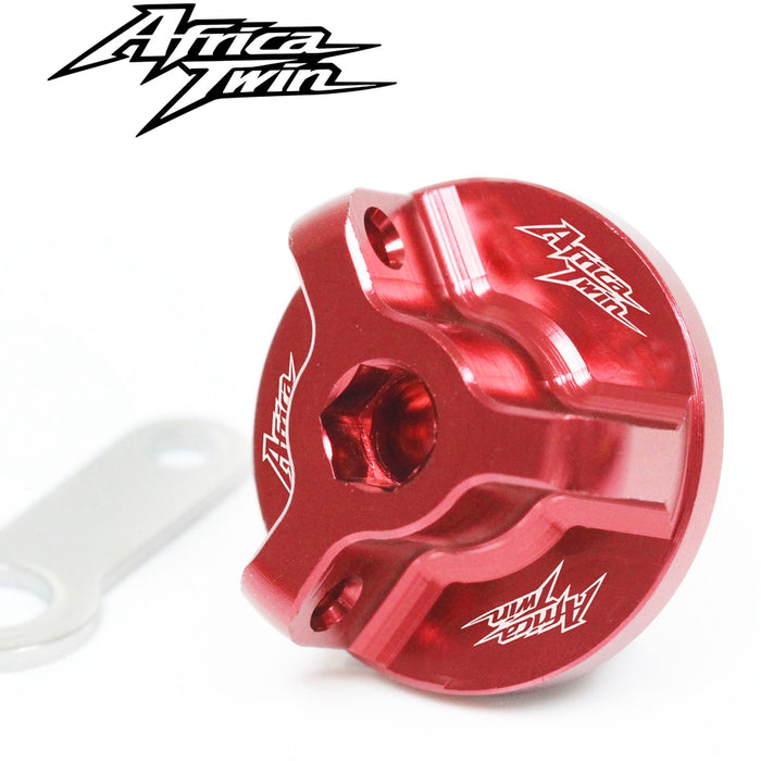 Honda Africa Twin CRF1000L DCT oil filler cap with engraved logo, black metal, fits 2016-2019 motorcycle engine.