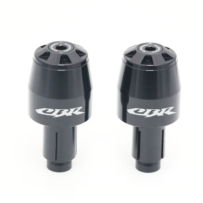Black CNC engraved logo bar ends for Honda CBR1100XX and CBR600RR motorcycles, designed for secure grip and stylish finish.
