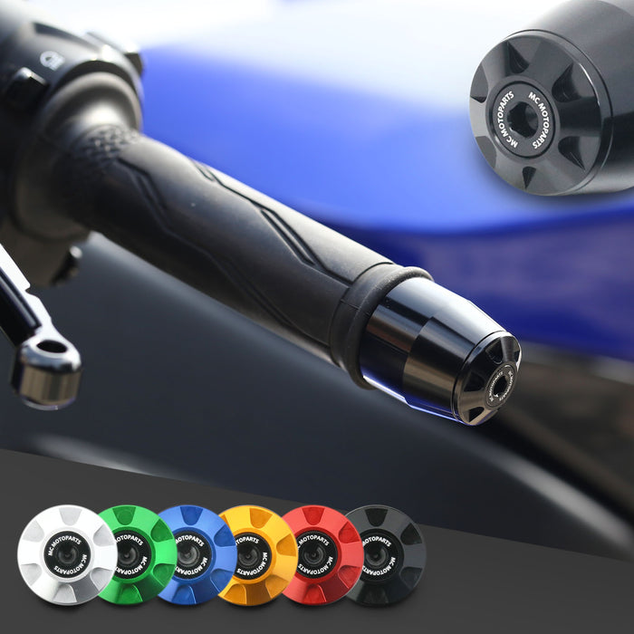 Black CNC engraved logo bar ends for Honda CBR1100XX and CBR600RR motorcycles, designed for MC Motoparts.