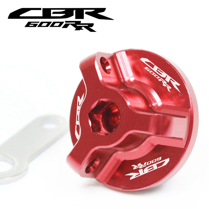 Honda CBR600RR oil filler cap with engraved logo by MC Motoparts, fits 2007-2025 with ABS, black with red accents.