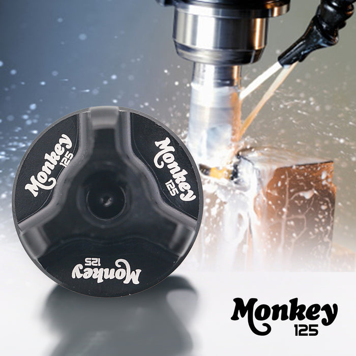 MC Motoparts Honda Monkey 125 oil filler cap with engraved logo, black metal, fits Z125M Z125MA models 2018-2025.