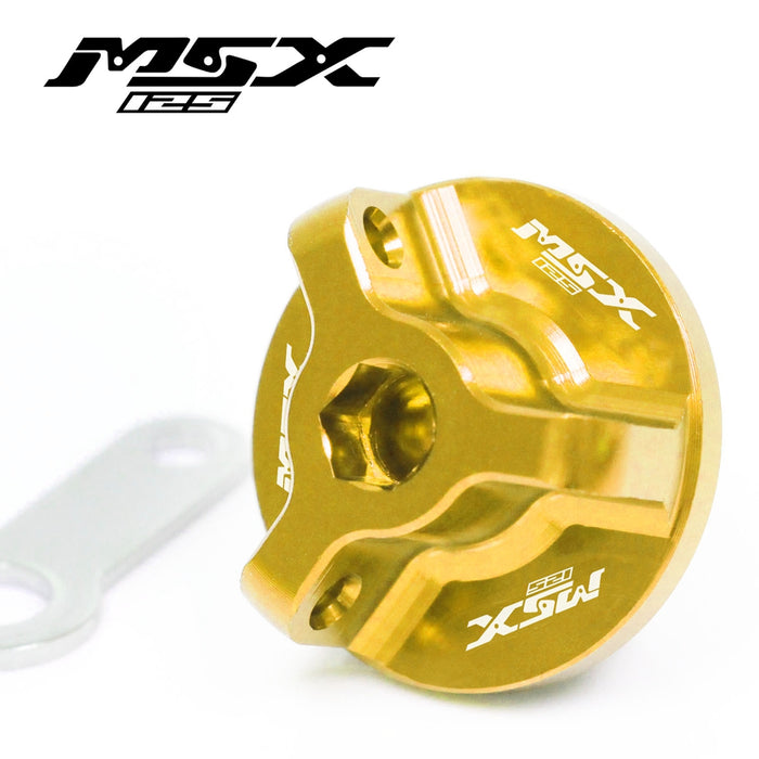Honda MSX 125 GROM oil filler cap by MC Motoparts, engraved logo, metal construction, fits 2014-2025 model year motorcycle.