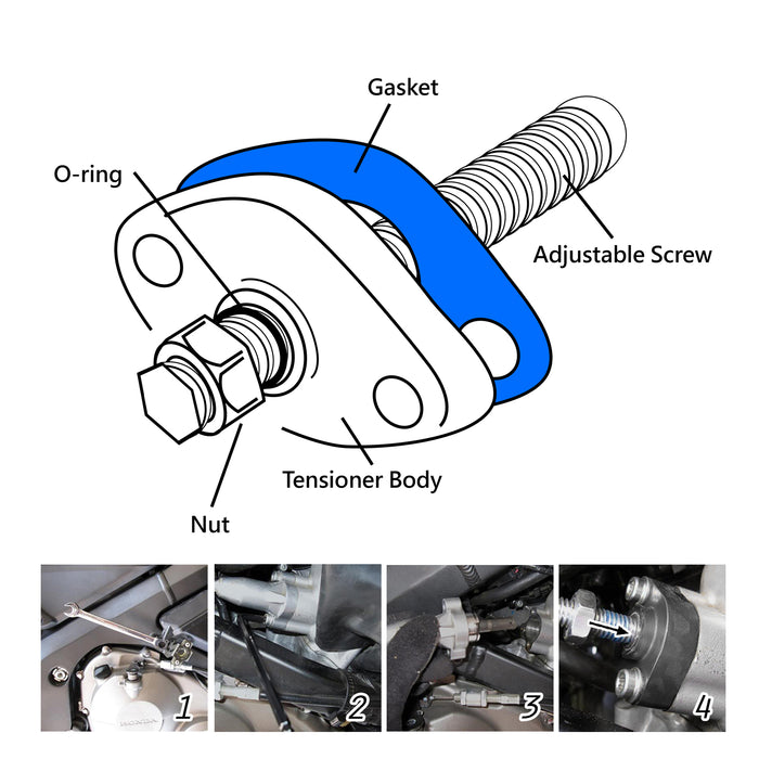 MC Motoparts cam chain tensioner for Kawasaki KLX 400 KFX 400, manual type, with installation instructions visible in the image.