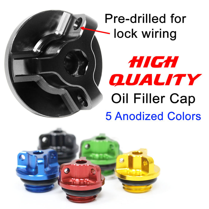 Black Kawasaki Ninja 1000 Z1000SX oil filler cap with engraved logo from MC Motoparts, featuring a sleek design and secure fit.