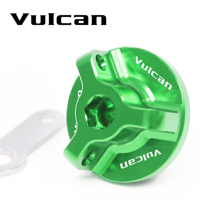 MC Motoparts Kawasaki Vulcan S 650 oil filler cap with engraved logo, fits 2014-2025 EN650 motorcycle engine.