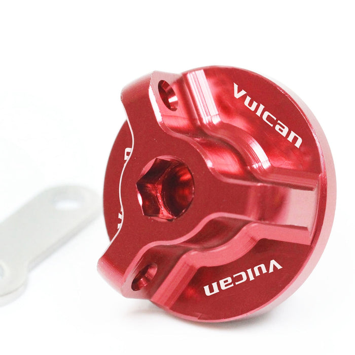 Kawasaki Vulcan S 650 oil filler cap by MC Motoparts with engraved logo, fits 2014-2025 EN650 models, red color with logo detail