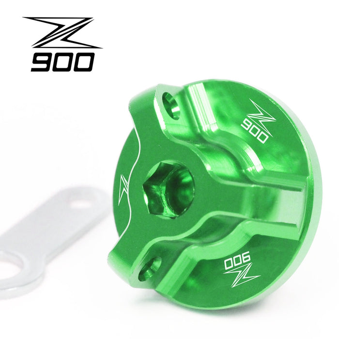 Kawasaki Z900 2017-2024 oil filler cap with engraved logo by MC Motoparts, showing the metal cap with branding detail.