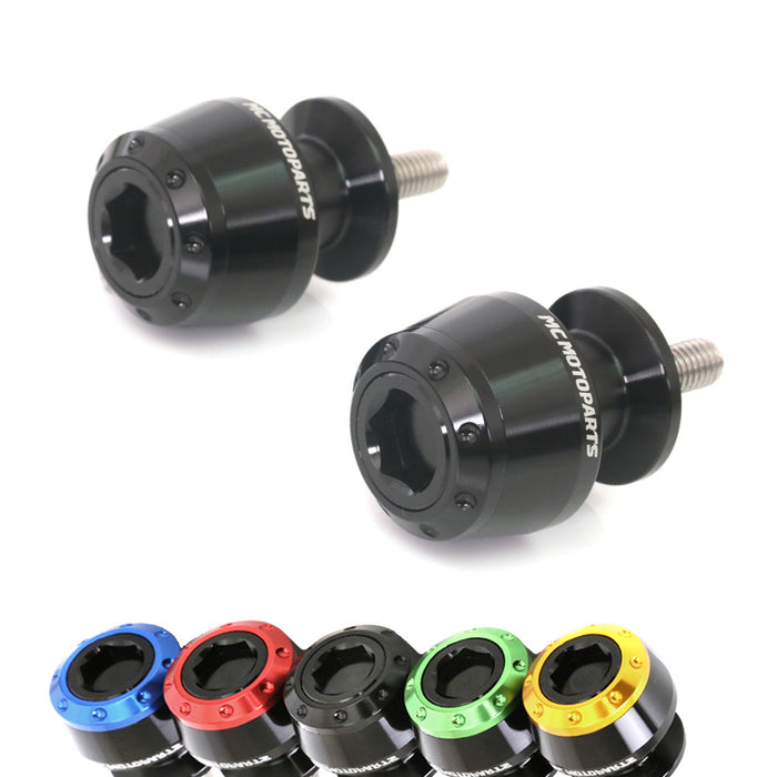 Black MC Motoparts swingarm spools for Suzuki GSX250R, GSXR125, GSXS1000, 8mm paddock stand compatible motorcycle swingarm.