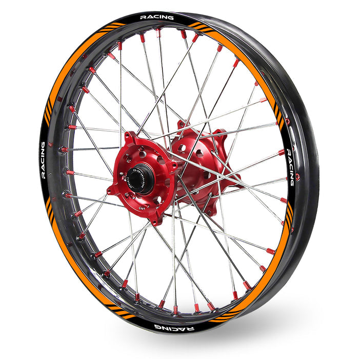 StickerBao MX dirt bike rim stickers for TM Racing 530 and STRIPE 3 MX dirt bikes, featuring vibrant decal designs on wheels.