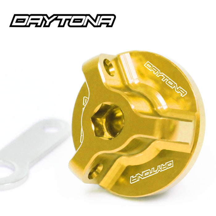 Triumph Daytona motorcycle oil filler cap by MC Motoparts, engraved logo, fits models 600, 650, 675, 765, 955i T595 engine.