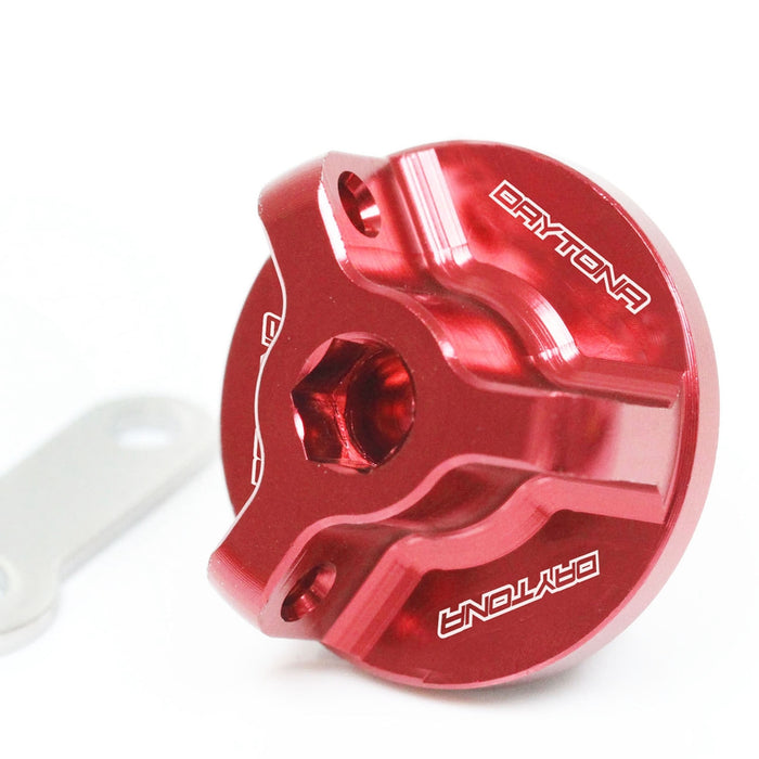 MC Motoparts Triumph Daytona oil filler cap with engraved logo for 600, 650, 675, 765, 955i T595 motorcycle engine.
