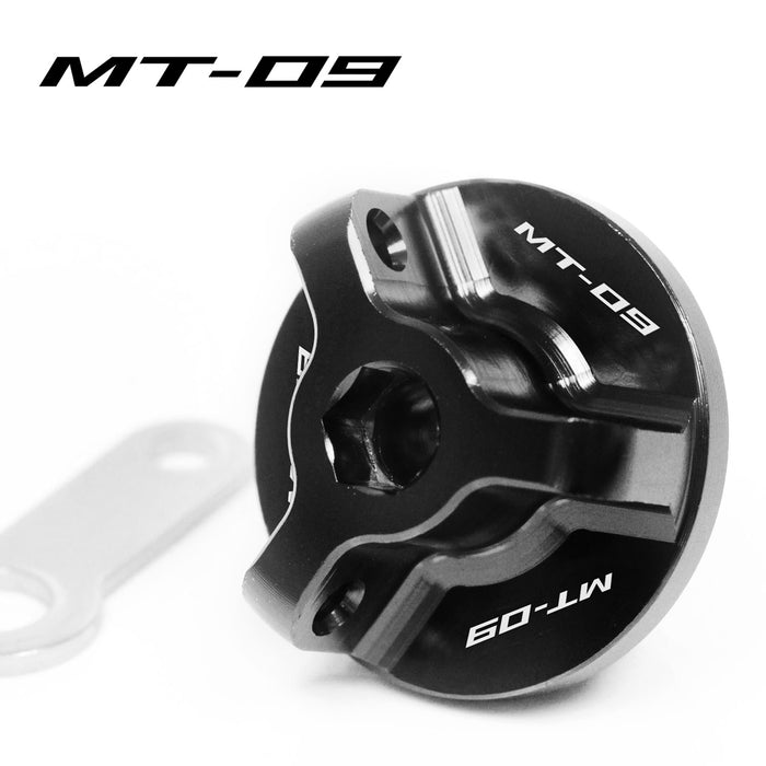 Black Yamaha FZ-09 MT-09 Tracer oil filler cap with engraved logo by MC Motoparts, designed for 2014-2026 models.