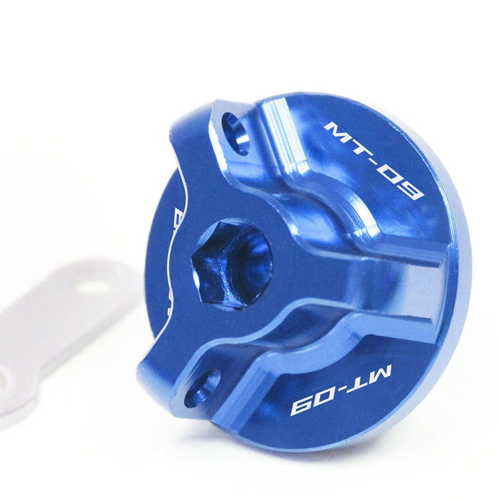 Blue engraved oil filler cap for Yamaha FZ-09 MT-09 Tracer 2014-2026 by MC Motoparts, featuring logo engraving.