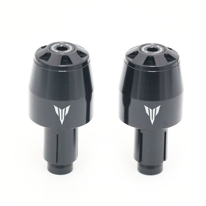 Black CNC engraved logo bar ends for Yamaha MT-07, MT-10, and MT-125 motorcycles by MC Motoparts, with storm design.
