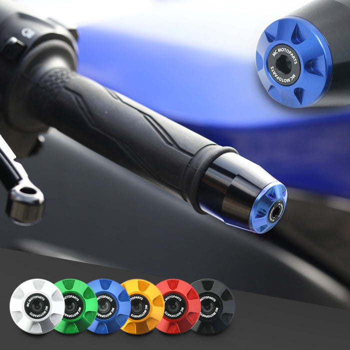Engraved logo MC Motoparts CNC bar ends installed on Yamaha MT-07, MT-10, or MT-125 motorcycle handlebars.