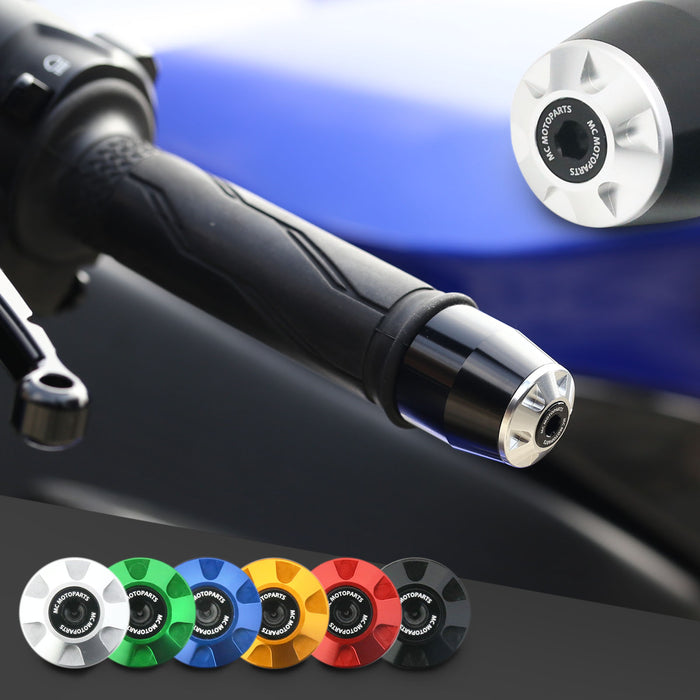 Yamaha YZF-R6 2006-2024 CNC engraved logo Storm bar ends installed on motorcycle handlebar, black metal finish, MC Motoparts.