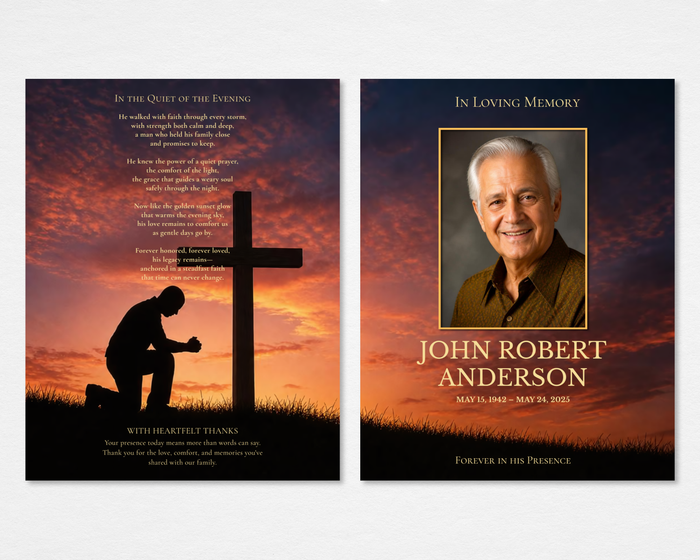 Funeral program with sunset sky, silhouette of a man kneeling at a cross, gold "Forever in His Presence" text — Tabloid size