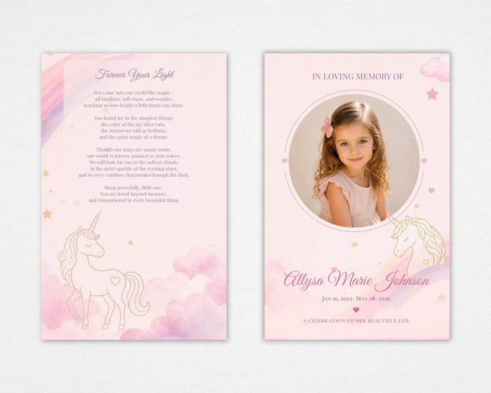 Forever Your Light children's memorial funeral program template, Standard size, showing front cover with pastel pink watercolor background, gold stars, hand-drawn unicorn, and circular photo frame, and back cover with original poem