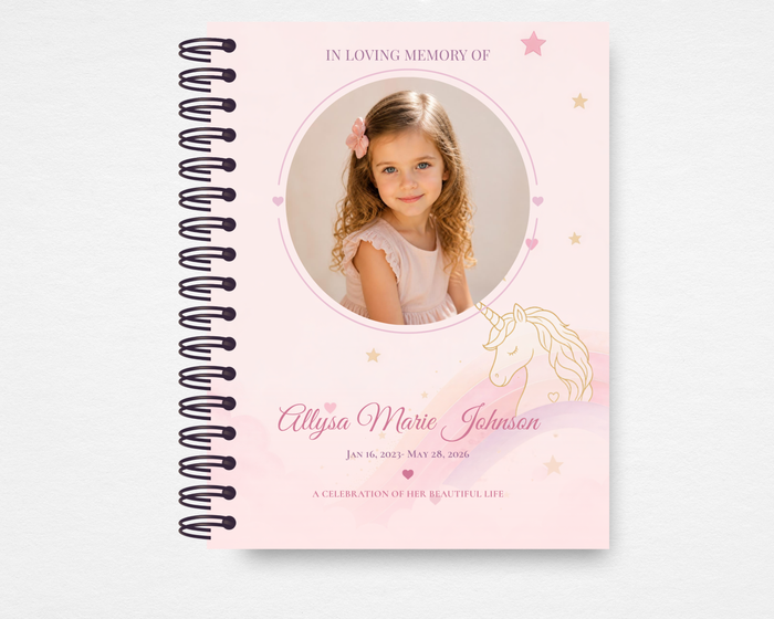 Forever Your Light children's memorial guest book front cover — pastel pink watercolor background with gold stars, gold unicorn illustration, circular photo placeholder, and "In Loving Memory Of" text — Standard size