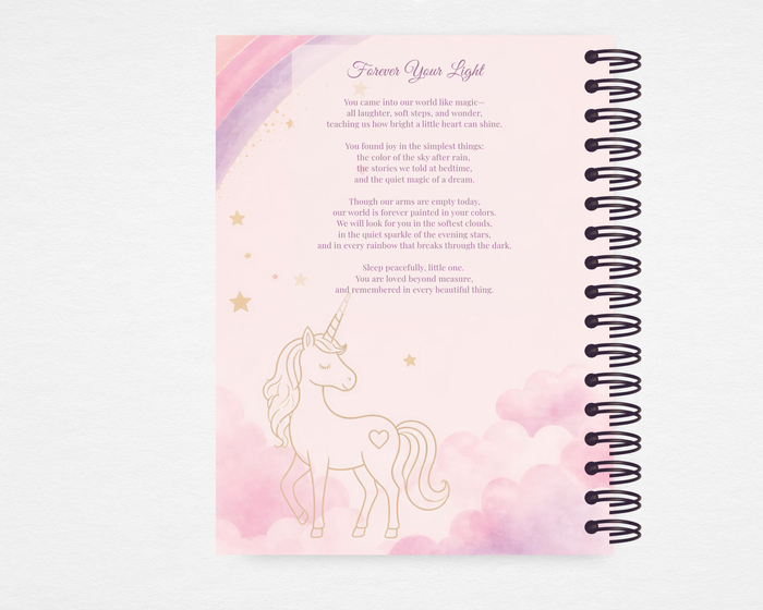 Forever Your Light children's memorial guest book back cover — pastel pink and purple watercolor background with gold unicorn illustration and original poem "Forever Your Light" — Standard size