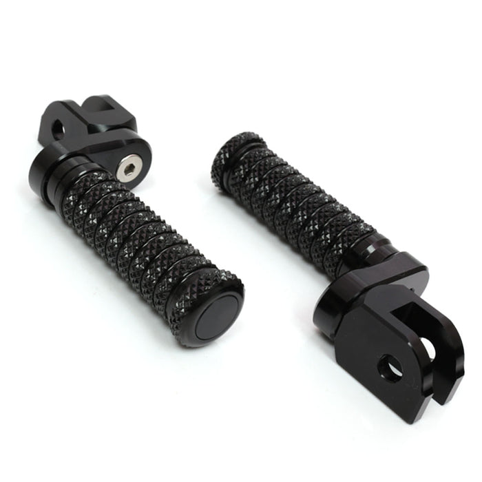 Black 25mm adjustable extension foot pegs for Aprilia Shiver 900 SL750, mounted on motorcycle with visible mounting hardware.