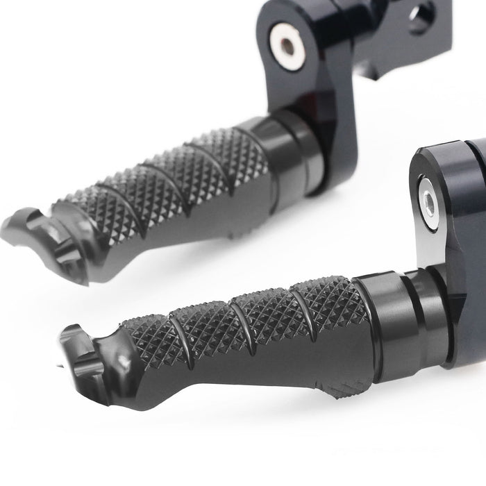 Front view of MC Motoparts 25mm extension foot pegs for BMW S1000R, S1000RR, R1200GS, R-FIGHT, featuring adjustable design.