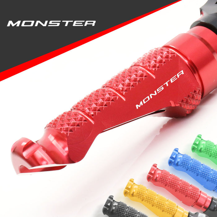 Ducati Monster 821 797 R-FIGHT engraved logo standard foot pegs by MC Motoparts, showing metal footrest with branding details