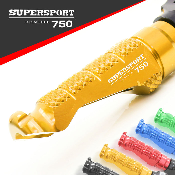 Ducati SuperSport 750 R-FIGHT engraved logo standard foot pegs by MC Motoparts, showing metal construction and detailed logo design.
